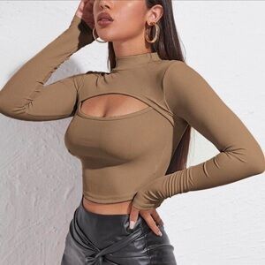 Chic Tan Long Sleeve Cutout Top